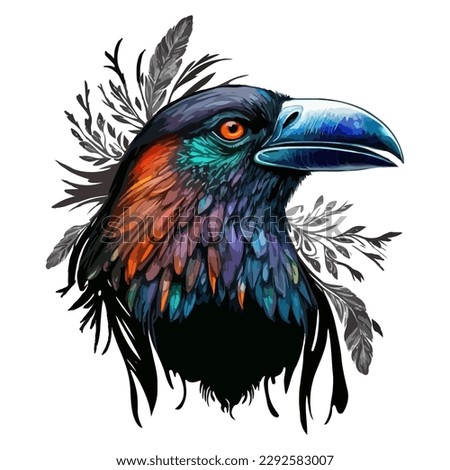 Colorful tribal raven with feathers. Vibrant watercolor-style vector illustration with paint splashes. Great for Native American, wildlife, bird lovers, and artistic designs.