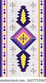Colorful tribal rug with diamond patterns in yellow, purple, and pink, ideal for boho decor, kids' rooms, or eclectic modern living spaces.