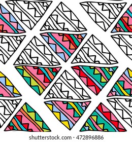 Colorful tribal seamless pattern. Triangle endless background, geometric shapes. Vector illustration.