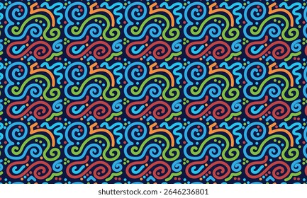 Colorful Tribal Swirl Seamless Pattern – Hand Drawn Ethnic Abstract Background with Doodle Style Motifs in Red, Blue, Green, and Orange on Dark Background for Fabric, Wallpaper, or Digital Use