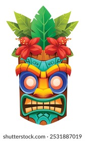 Máscara tiki tribal colorida com flores de hibisco vermelho e folhas tropicais. Ilustração de desenho animado vetorial