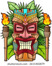 Colorful Tribal Tiki Mask With Torches And Tropical Leaves - Vector Hand Drawn Illustration Isolated On Transparent Background