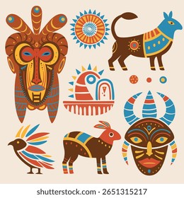 Ilustração de vetor tribal colorida com máscaras africanas, totens animais e símbolos geométricos do sol. Perfeito para arte popular, desenhos étnicos, cartazes ou decoração cultural.