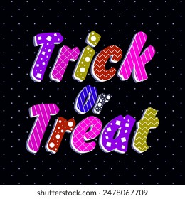 Colorful Trick or Treat Text on Dark Dotted Background, Halloween Party.