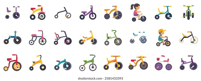 Colorful tricycles showcase different models and designs for children, promoting outdoor play and fun