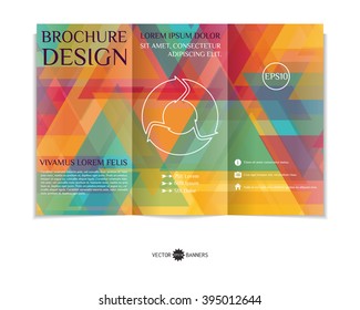 Colorful tri-fold brochure design template with modern triangular mosaic background. Abstract three fold flyer design. EPS10 vector.