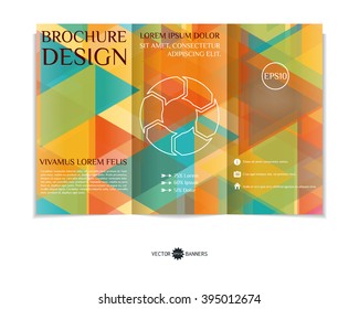 Colorful tri-fold brochure design template with modern triangular mosaic background. Abstract three fold flyer design. EPS10 vector.