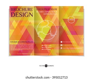 Colorful tri-fold brochure design template with modern triangular mosaic background. Abstract three fold flyer design. EPS10 vector.