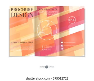 Colorful tri-fold brochure design template with modern geometric background. Three-fold leaflet with random squares background. Creative abstract EPS10 vector cover concept. 