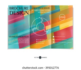 Colorful tri-fold brochure design template with modern geometric background. Three-fold leaflet with random squares background. Creative abstract EPS10 vector cover concept. 