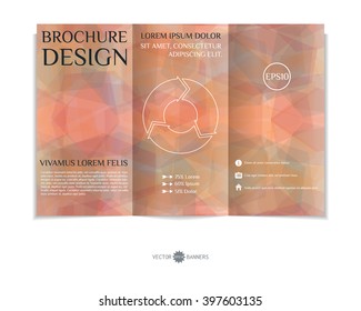 Colorful tri-fold brochure design template with modern random geometric background. Three-fold leaflet with background of random hexagons. Creative abstract EPS10 vector cover concept. 