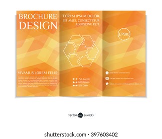 Colorful tri-fold brochure design template with modern geometric background. Three-fold leaflet with background of squares. Creative abstract EPS10 vector cover concept. 