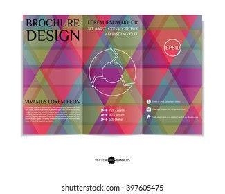 Colorful tri-fold brochure design template with modern triangular mosaic background. Abstract three fold flyer design. EPS10 vector.