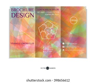 Colorful tri-fold brochure design template with modern random geometric background. Three-fold leaflet with random lines and triangles background. Creative abstract EPS10 vector cover concept. 