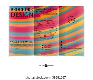 Colorful tri-fold brochure design template with modern geometric background. Three-fold leaflet with random lines background. Creative abstract EPS10 vector cover concept. 