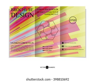 Colorful tri-fold brochure design template with modern geometric background. Three-fold leaflet with random lines background. Creative abstract EPS10 vector cover concept. 