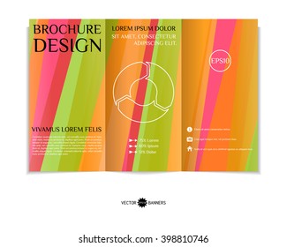 Colorful tri-fold brochure design template with modern geometric background. Three-fold leaflet with vertical lines background. Creative abstract EPS10 vector cover concept.