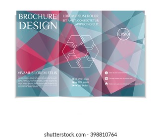 Colorful tri-fold brochure design template with modern random geometric background. Three-fold leaflet with random lines and triangles background. Creative abstract EPS10 vector cover concept. 