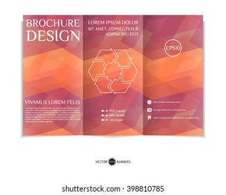 Colorful tri-fold brochure design template with modern geometric background. Three-fold leaflet with background of squares. Creative abstract EPS10 vector cover concept. 