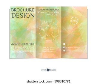 Colorful tri-fold brochure design template with modern random geometric background. Three-fold leaflet with random lines and triangles background. Creative abstract EPS10 vector cover concept. 