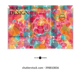 Colorful tri-fold brochure design template with modern random geometric background. Three-fold leaflet with background of random hexagons. Creative abstract EPS10 vector cover concept. 