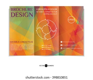 Colorful tri-fold brochure design template with modern random geometric background. Three-fold leaflet with random lines and triangles background. Creative abstract EPS10 vector cover concept. 