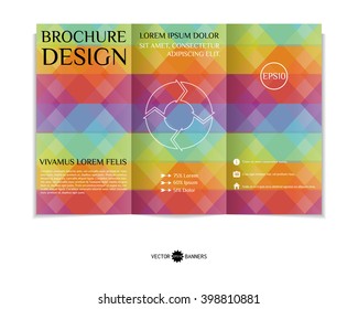 Colorful tri-fold brochure design template with modern random geometric background. Three-fold leaflet with hexagons  background. Creative abstract EPS10 vector cover concept. 
