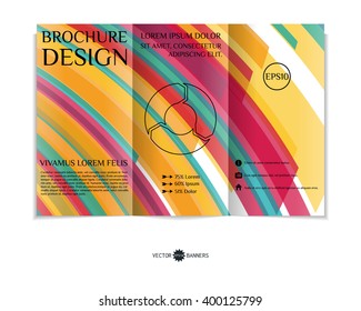 Colorful tri-fold brochure design template with modern geometric background. Three-fold leaflet with random squares background. Creative abstract EPS10 vector cover concept. 