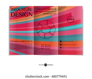 Colorful tri-fold brochure design template with modern geometric background. Three-fold leaflet with random squares background. Creative abstract EPS10 vector cover concept. 