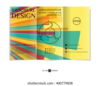 Colorful tri-fold brochure design template with modern geometric background. Three-fold leaflet with random squares background. Creative abstract EPS10 vector cover concept. 