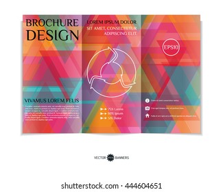 Colorful tri-fold brochure design template with modern geometric background. Leaflet sample with background of random triangles. Creative abstract EPS10 cover concept. 