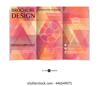 Colorful tri-fold brochure design template with modern geometric background. Leaflet sample with background of random triangles. Creative abstract EPS10 cover concept. 