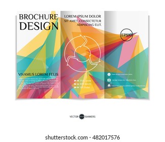 Colorful tri-fold brochure design template with modern geometric background. Leaflet with random squares background. Creative abstract EPS10 cover concept. 