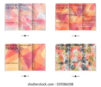 Colorful tri-fold brochure design template set with modern geometric mosaic background. Abstract three fold flyer collection. EPS10 vector.