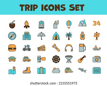 Icono De Viaje Colorido Fijado En Estilo Plano.