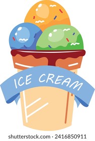 Colorful triple scoop ice cream cone with sprinkles. Blue ribbon with text. Sweet treat on a hot day vector illustration.