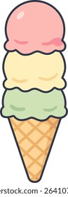 Colorful triple scoop ice cream cone with strawberry, vanilla, and mint flavors.