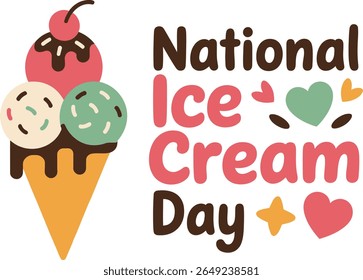Colorful triple scoop ice cream cone with hearts and sprinkles for national ice cream day celebration graphics