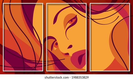 tríptico colorido con un retrato femenino abstracto en tonos naranja burdeos. formas de arte superpuestas y rayas delgadas que fluyen en marcos blancos. trabajo del autor. vector 