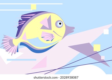 Colorful tropic fish and geometric elements on multicolored pastel background. Abstract underwater composition for design. Sea collection. Flat style. Vector illustration.