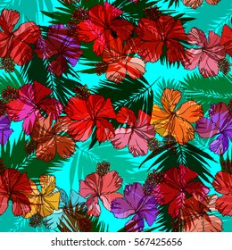 Colorful tropic floral aloha pattern. Tropical seamless colorful hibiscus pattern and coconut leaves. Beautiful flowers pattern vector illustration realistic hand drawn.