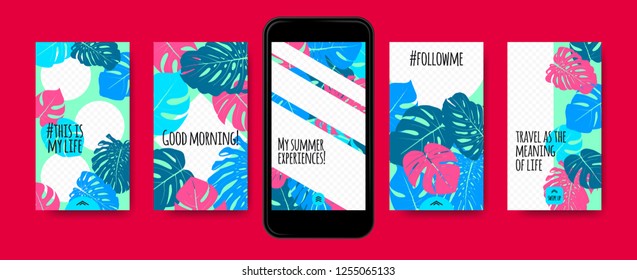 Colorful Tropic Story Templates. Social Media Photo Frames. Mobile Wallpapers Summer Concept. Exotic Decoration for Stories in Social Networks. Vector Philodendron Leaves. Travel Stories of Blogger.