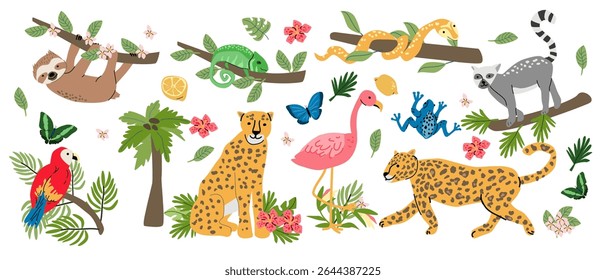 Colorful tropical animals illustration featuring cheetahs, lemurs, and exotic birds for nature design.