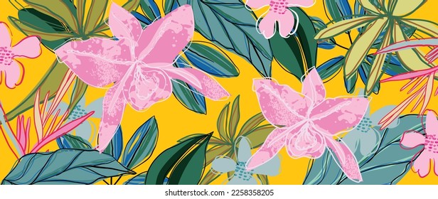 Colorful tropical background vector illustration. Jungle flowers, palm leaves, exotic summertime style with grunge and scribble line art texture. Contemporary design for home decoration, wallpaper.