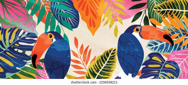 Ilustración del vector de fondo tropical colorida. Plantas de jungla, hojas de palma, estilo exótico de verano con pájaro de ballena y textura de acuarela. Diseño contemporáneo para la decoración casera, papel pintado.