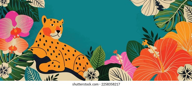 Colorful tropical background vector illustration. Jungle plants, flowers, palm leaves, exotic summertime style with tiger and watercolor texture. Contemporary design for home decoration, wallpaper.