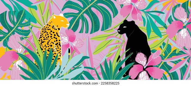 Colorful tropical background vector illustration. Jungle flowers, monstera palm leaves, exotic summertime style with tigers and grunge dot texture. Contemporary design for home decoration, wallpaper.