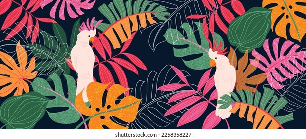 Ilustración del vector de fondo tropical colorida. Hojas de palma de la monstera de la jungla, arte exótico de línea de estilo veraniego y textura grunge con pájaro de cacatú. Diseño contemporáneo para la decoración casera, papel pintado.