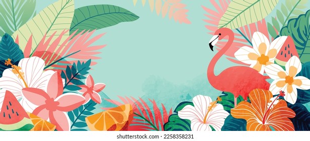 Colorful tropical background vector illustration. Jungle plants, flowers, palm leaves, exotic summertime style with flamingo and watercolor texture. Contemporary design for home decoration, wallpaper.