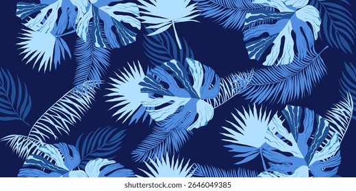 Colorful tropical background vector illustration. Jungle plants, monstera palm leaves, exotic spring summer style grunge watercolor texture. Contemporary art design for home decoration, wallpaper.